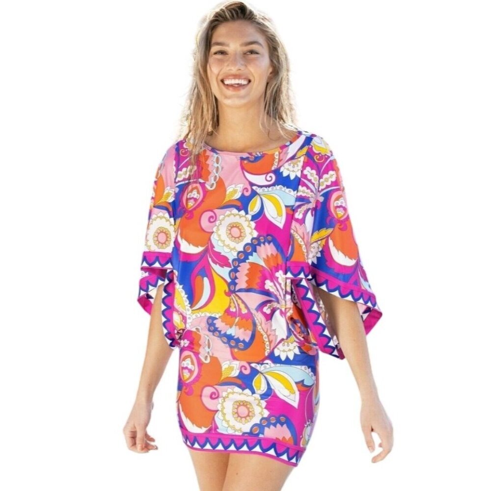 Trina Turk Sevilla Floral Swim Jersey Dress Coverup stretchy colorful sz L NWT